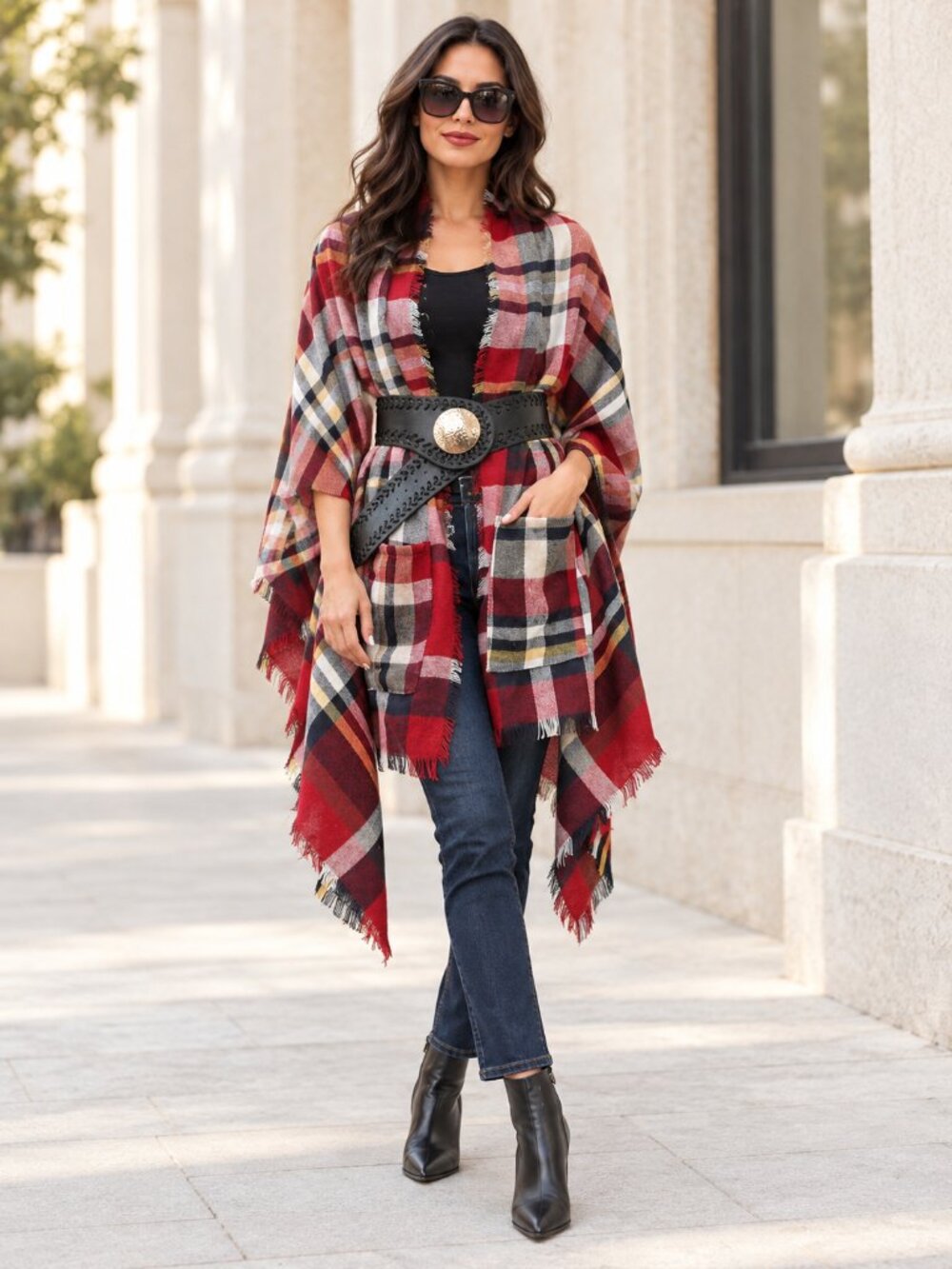 Boutique FAV Fall Sweater Boho Black Red Plaid Pocket Ruana Fringe Wrap O/S NEW